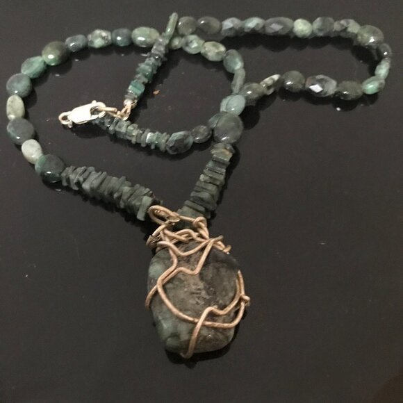 Genuine Emerald Gemstone Sterling Silver Necklace Pendant Wire Wrapped Natural - Picture 10 of 11